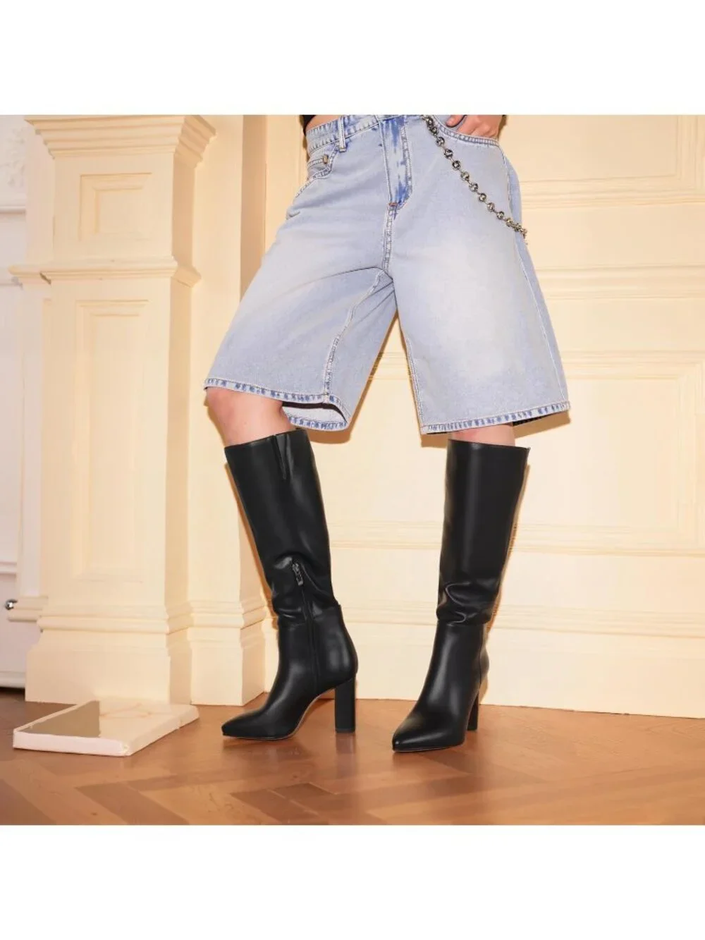 Women's Black Matte Chunky Heel Pointed Toe Non Slip Side Zipper Knee High Boots